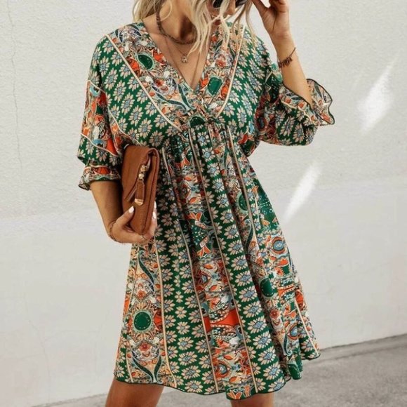 . Dresses & Skirts - Green Boho Mini Dress